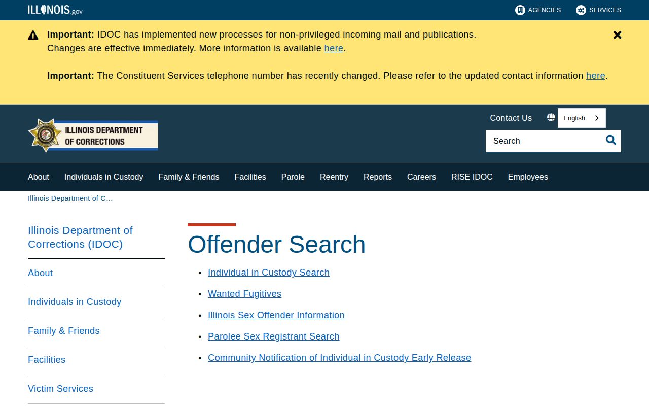 Illinois Department of Corrections offender search landing page